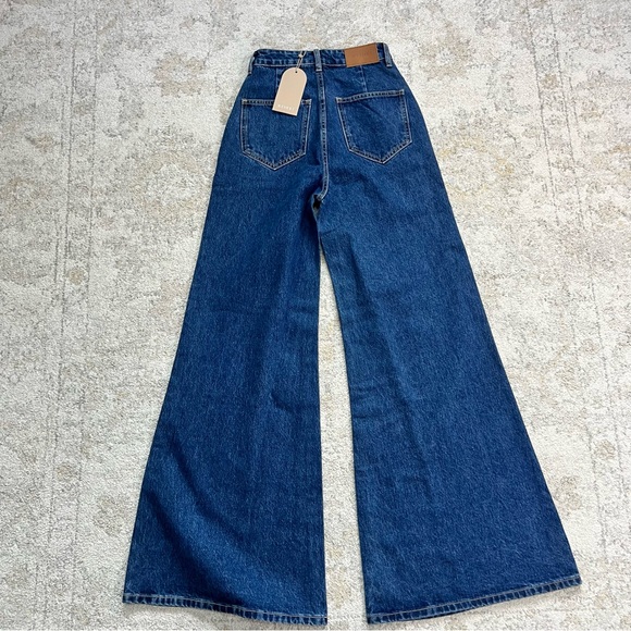 NWT Meshki Lennox Denim Strapless Top & Wide Leg Jeans Set XXS Tall Fit Blue - Picture 6 of 11